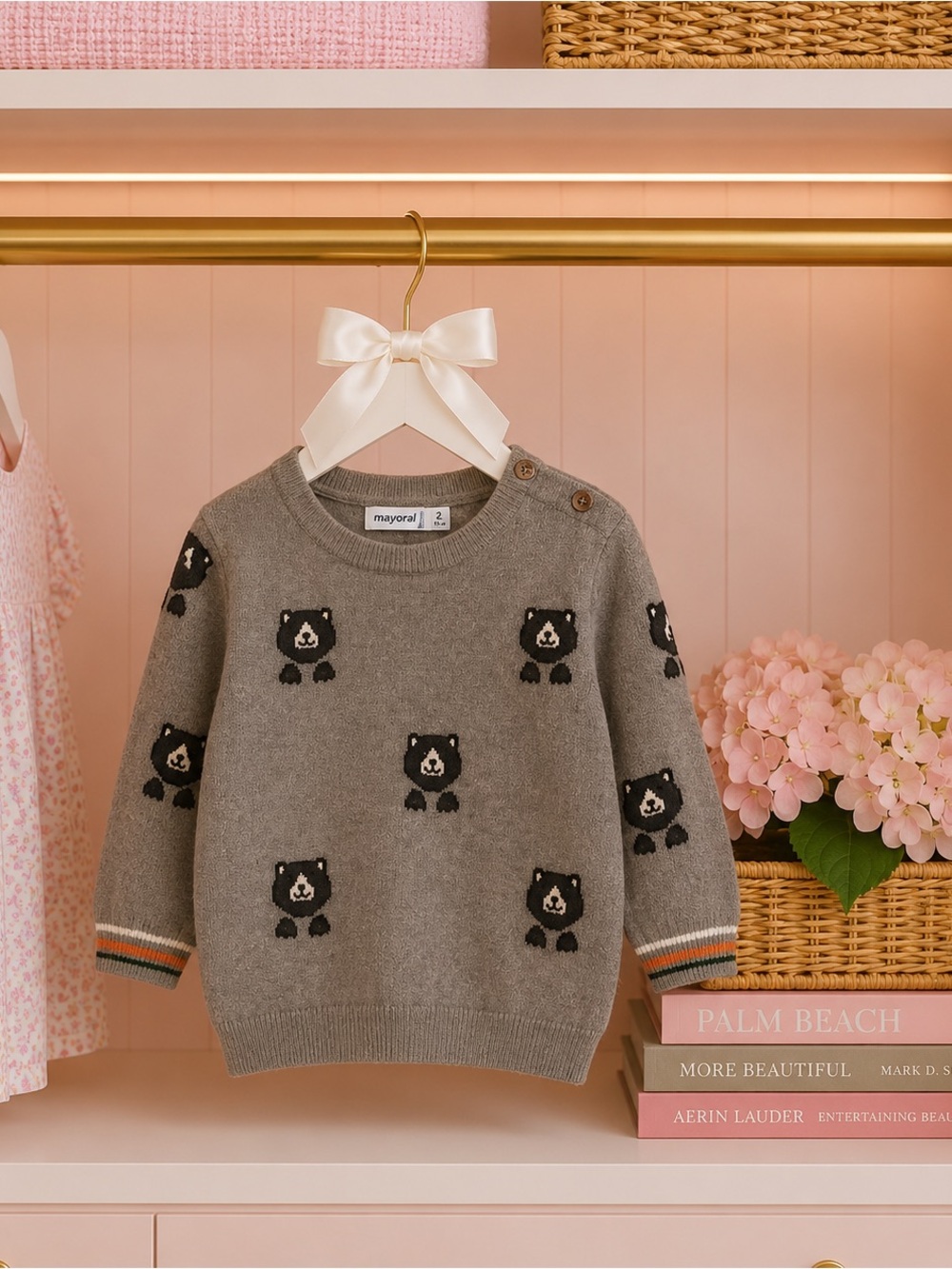 Mayoral Gray Bear-Intarsia Crewneck Sweater 12M